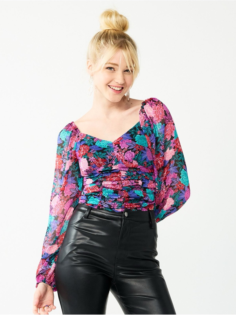 Cropped Floral Ruched Long-Sleeve Satin-Feel Top